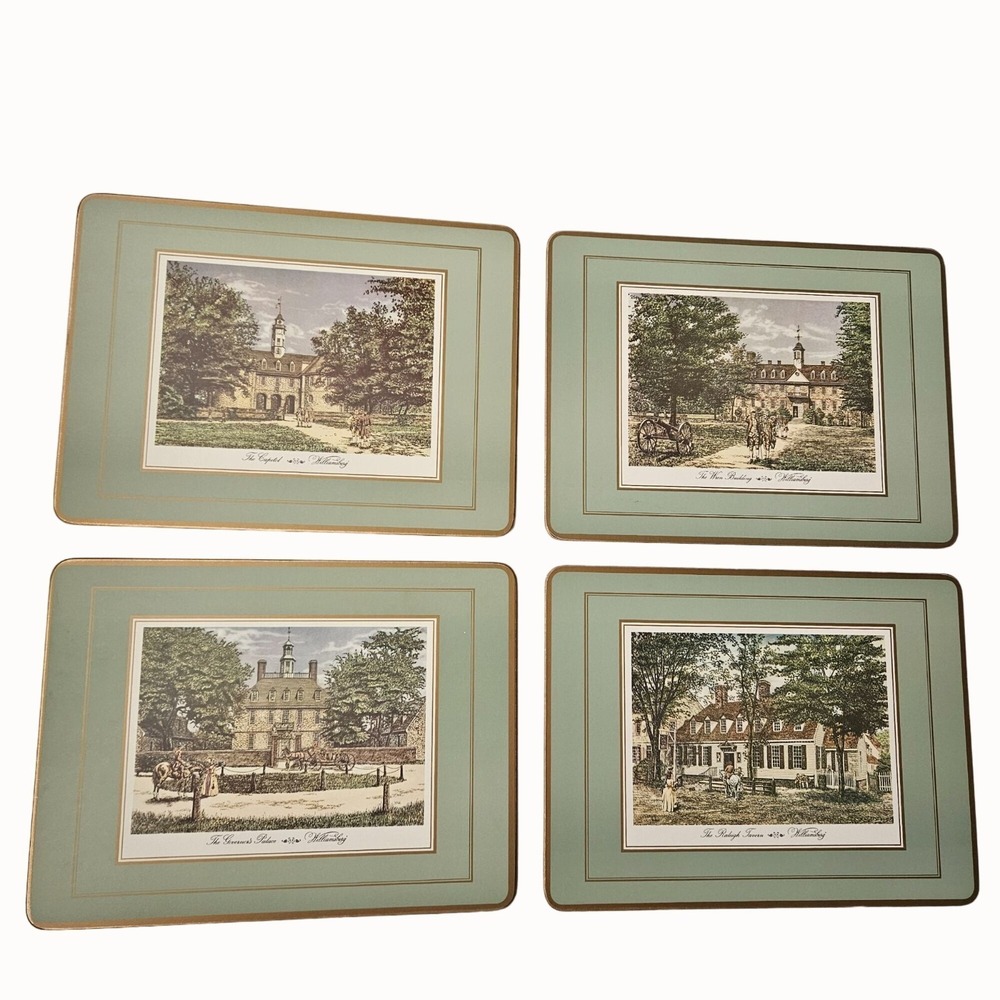 Pimpernel Placemats Williamsburg Green 9 x 12 Historic Bldgs Cork Back Mat Set 4